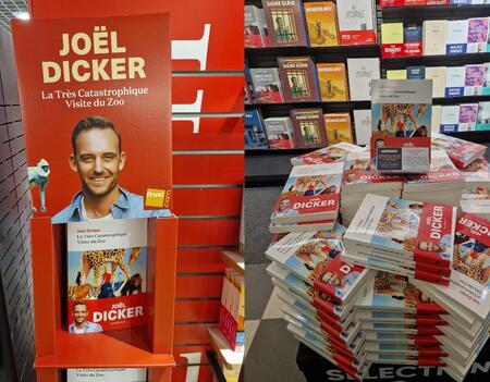 Joël Dicker en tête de gondole à la Fnac Saint-Lazare, à Paris